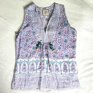 BELL Alicia Bell Sz M Boho Purple Top Blouse Floral Cotton Silk Beaded Tassels